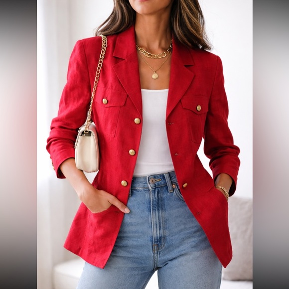 Vintage Jackets & Blazers - Vintage 90s Episode Red Linen Blazer Gold Button Tailored Jacket Women Size 4